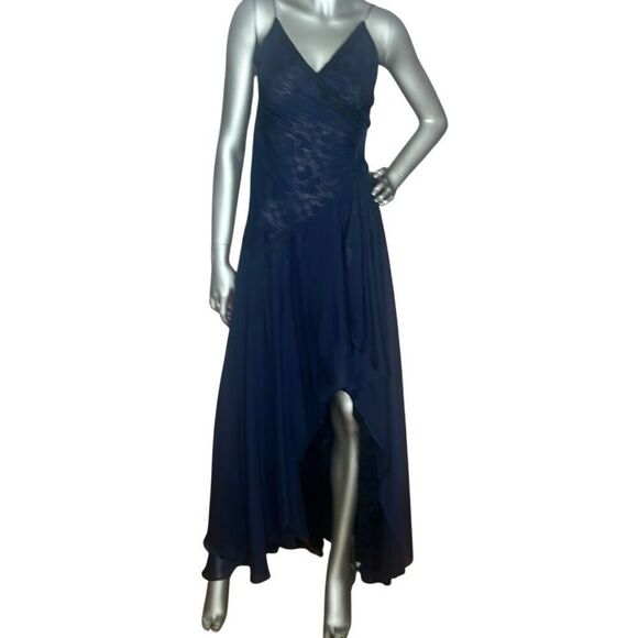 Meghan Silk Lace-Trim Dark Blue  Gown Dress 4 (024) - Picture 1 of 15